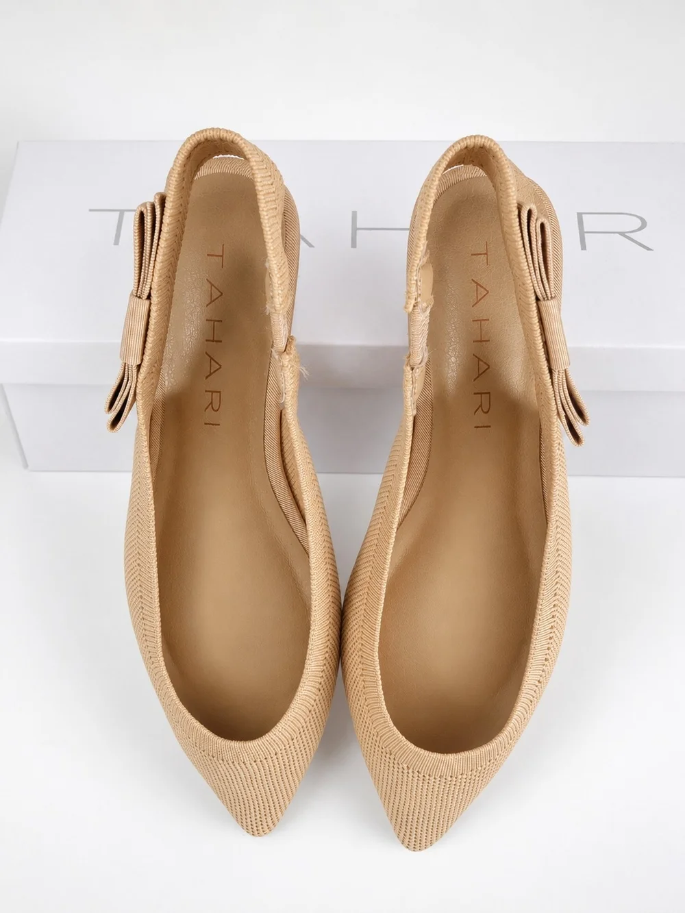 Tahari Singapore Tan Beige Knit Bow Slingback Flats Size 6 NIB/ 7 NWOB